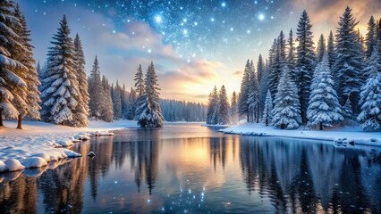 Fototapeta premium Snowflakes gently fall on a serene frozen lake, surrounded by snow-covered evergreen trees, creating a peaceful and magical winter wonderland landscape at dusk.