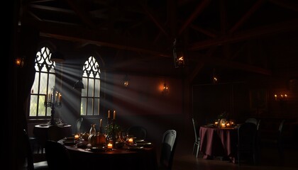 A dimly lit room with two large windows, beams overhead, a table set for dinner with candles and pumpkins, and a dark red tablecloth.