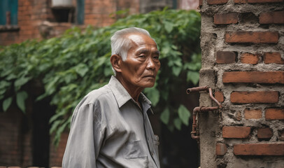 An elderly man stands near a brick wall and greenery, gazing off into the distance