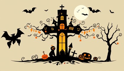 Silhouette of a haunted house with bats and pumpkins on a tree.