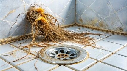 Soap scum and tangled hair entwine around rusty shower drain cover, clogging water flow and causing a messy, grimy bathroom maintenance problem.