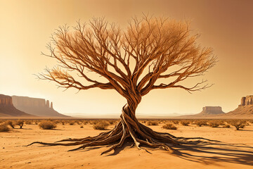Large, gnarled tree with twisted branches and a thick trunk, standing alone in the middle of a desert landscape.