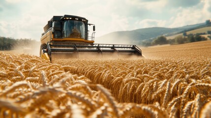 Fototapeta premium Combine Harvester in Wheat Field