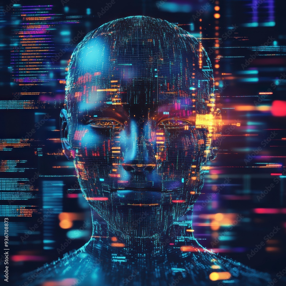 Poster a holographic ai face surrounded by vibrant data streams, symbolizing the power of ai in technology 