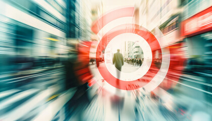Dynamic urban scene with a businessman walking towards a target symbol, illustrating focus and strategic direction in a fast-paced environment.