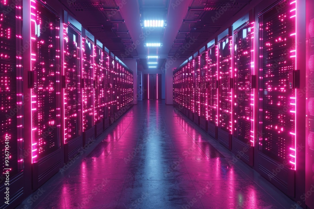 Poster neon lit server cabinets in empty data center hosting cloud storage servers for telecommunications