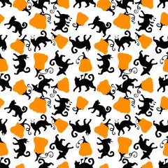 Halloween animals seamless cats and pumpkins pattern for wrapping paper