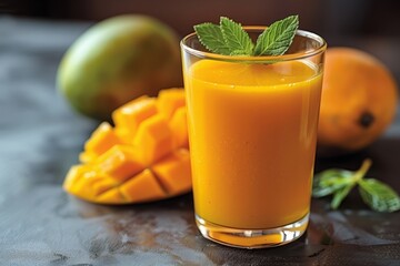 Fototapeta premium A vibrant glass of fresh mango juice is garnished with mint, accompanied by chopped mango pieces on a dark surface.