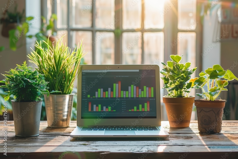 Aufkleber a laptop displaying colorful graphs sits on a wooden table surrounded by potted plants, illuminated 