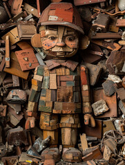 Artistic wooden figure constructed from various wooden pieces, surrounded by an assortment of scrap materials.