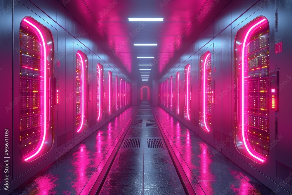Poster neon lit server cabinets in data center hosting technologies for cloud storage 3d image