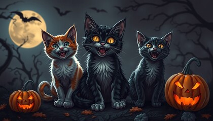 Three playful black cats with glowing eyes and jack o lantern pumpkins, in a spooky Halloween forest under a full moon.