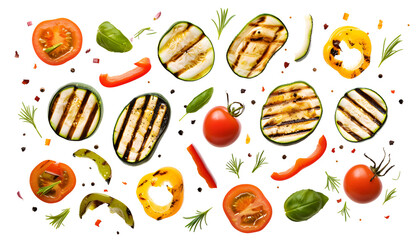 Falling grilled vegetable slices isolated on white background