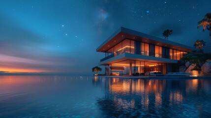 Obraz premium Luxurious modern seaside villa at night - generative ai
