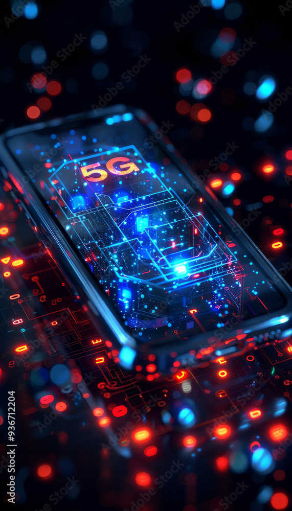 Poster a smartphone showcases 5g technology, illuminated by vibrant blue and red digital circuits, creating