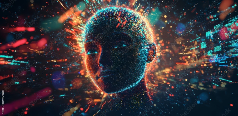 Poster a holographic ai face surrounded by vibrant data streams, symbolizing the power of ai in technology 