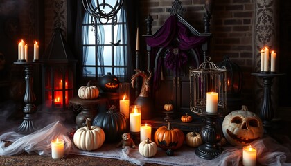 Obraz premium Spooky Halloween decor with carved pumpkins, candles, and a birdcage on a dark, rustic background.