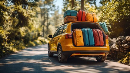 Obraz premium Bright Sunlight Illuminating Packed Car with Colorful Luggage on Sunny Day - Travel Concept with Copy Space