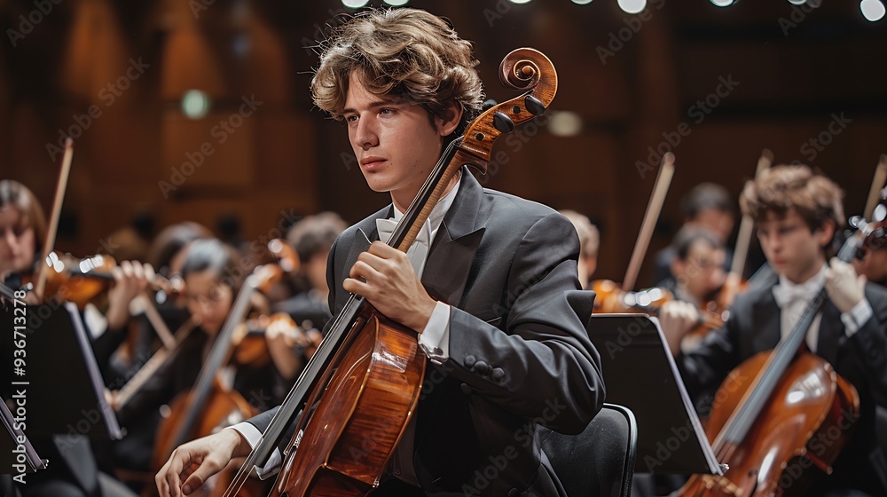 Poster orchestra where each note is an idea being perfected symbolizing the harmony of finetuning innovatio