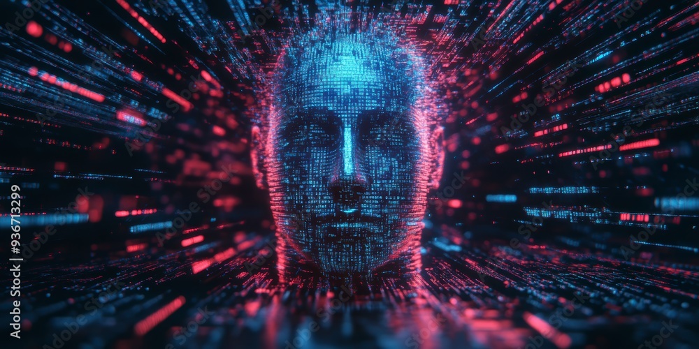 Poster a holographic ai face surrounded by vibrant data streams, symbolizing the power of ai in technology 