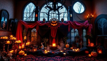 Obraz premium Spooky Halloween scene with candles, pumpkins, and a gothic fireplace.