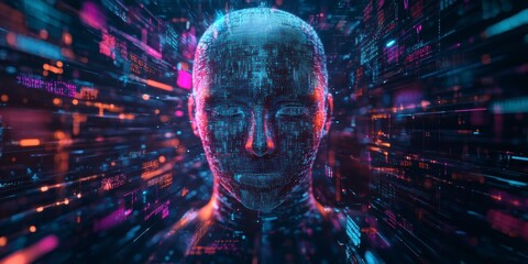 A holographic AI face surrounded by vibrant data streams, symbolizing the power of AI in technology and business