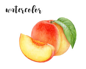 This is a Beautiful and Vibrant Watercolor Illustration showcasing a Peach and its Half