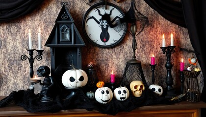 Halloween decor with pumpkins, candles, skull, and a spooky clock on a dark wooden table.