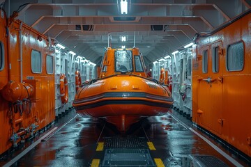 Safety equipment on cruise ship with inflatable boat, locked tank, and rescue gear for emergencies