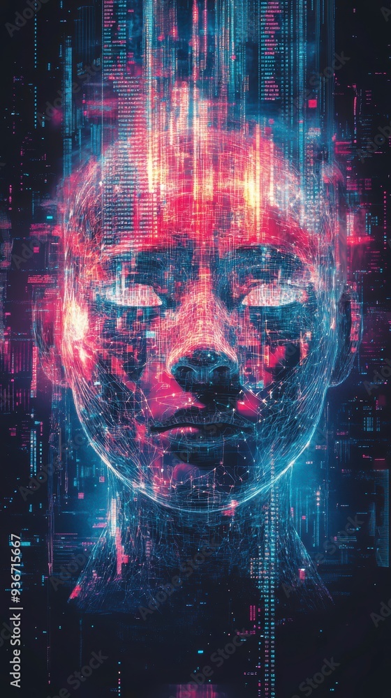 Poster a holographic ai face surrounded by vibrant data streams, symbolizing the power of ai in technology 