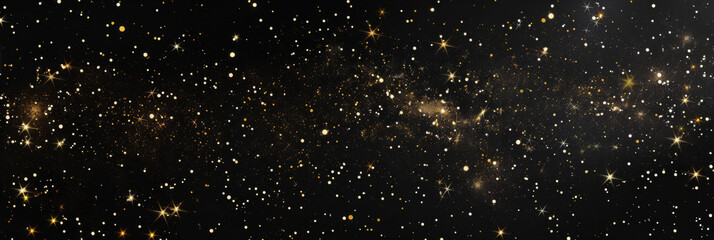 Christmas, festive holiday starry glitter, magical trail. starry night sky background with golden glitter falling on a black color background