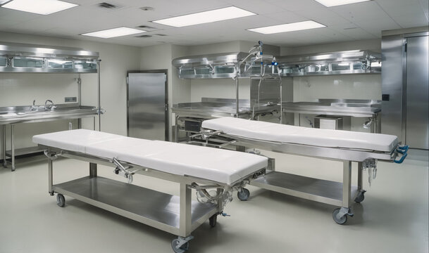 Two stainless steel autopsy tables sit in a sterile room, ready for use