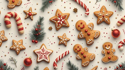 A repeating pattern featuring colorful gingerbread cookies in various shapes like stars, trees, and snowflakes, interspersed with candy canes and festive sprinkles on a light background