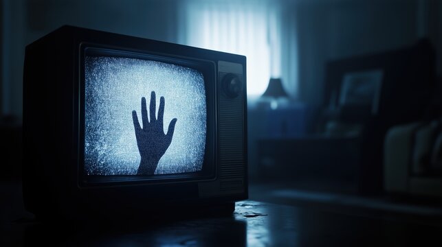 A retro television set displays an eerie hand silhouette, casting an unsettling glow in a dark, mysterious room. The image evokes a chilling horror atmosphere.
