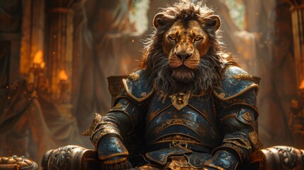 Fototapeta premium Majestic lion king in armor - generative ai