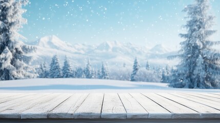 A serene winter landscape snow-covered mountains and trees, with snowflakes falling gently from a blue sky. A wooden tabletop in the foreground, product display or festive designs.