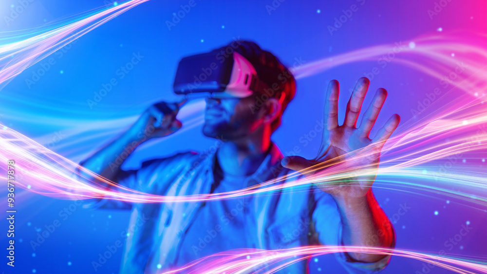 Poster smart man looking data or connecting with big data or virtual reality by using goggle or vr headset.