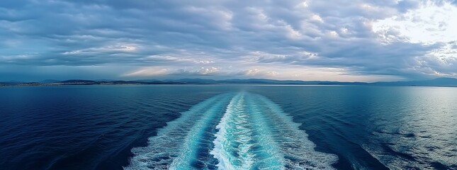 A Serene Ocean Landscape with Boat Trail Under Cloudy Sky