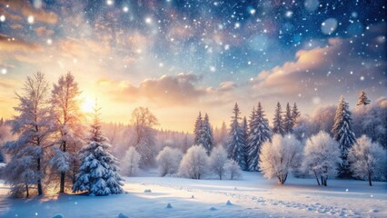 Fototapeta premium Softly falling snowflakes gently blanket a serene winter landscape, creating a peaceful and calming atmosphere with a dreamy, blurred background of frosted trees.