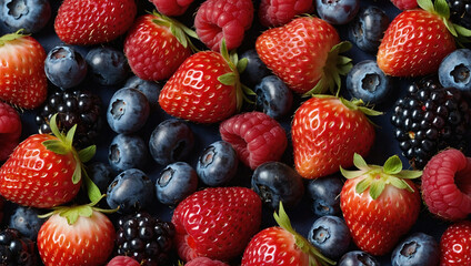 Fototapeta premium wallpaper filled with an abundance of berries like strawberries, blueberries, raspberries, and blackberries