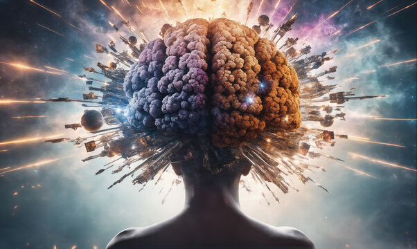 A large, detailed brain is displayed above a person's shoulders, with a cityscape bursting outward from the brain, surrounded by a dark blue sky and bright, golden rays of light