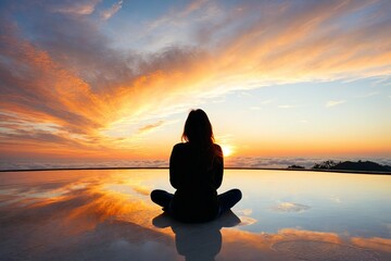 A woman sits on a beach watching the sunset
