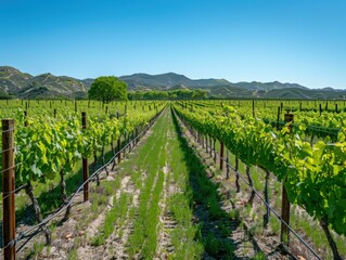 Rows of grapevines in a vineyard. AI.