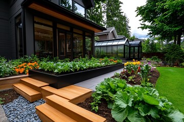 Obraz premium A beautiful modern garden featuring vibrant flowers, lush plants, and stylish wooden steps, perfect for outdoor relaxation.