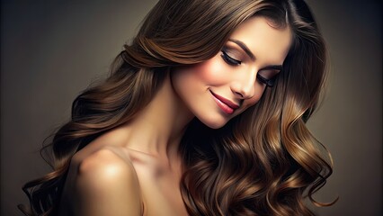 Fototapeta premium Softly lit, luscious brown hair cascades down a gentle curve of a slender neck, revealing a subtle hint of a smiling face from behind.