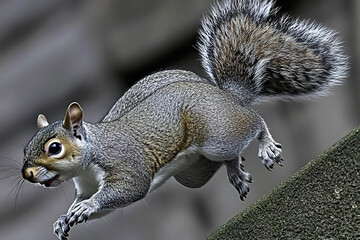 Obraz premium A gray squirrel with a bushy tail leaps from a stone ledge. Generated by AI.