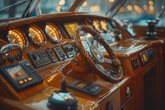 Captain s control hub  steering wheel and dashboard of motor boat for yacht and speedboat navigation - Powered by Adobe