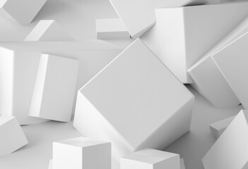 Dynamic arrangement of scattered white 3D cubes, abstract background