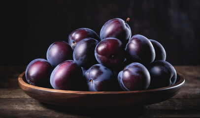 Fototapeta premium A wooden bowl filled with ripe plums sits on a dark wooden surface