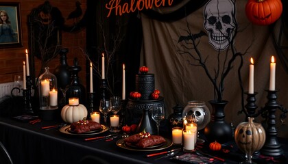 Halloween table setting with candles, pumpkins, and skull decor.